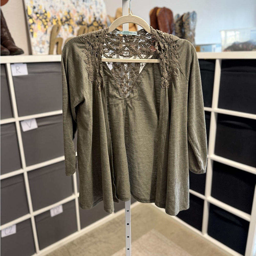 Maurice’s Olive Green Lace Detail Women's Jersey Knit 3/4 Sleeve Cardigan